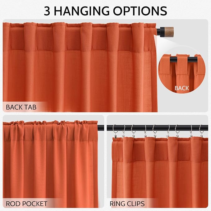 Bright Orange Linen Curtains 90 Inch Long 2 Panels Set - Image 3