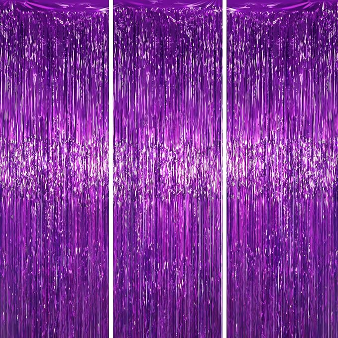 Voircoloria Purple Foil Fringe Backdrop Curtains, Birthday Party Decorations by Voircoloria