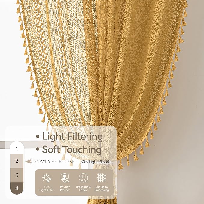 WAZZIO Boho Lace Curtains 72 Inches 2 Panel, Light Filtering Privacy Tassel & - Image 3