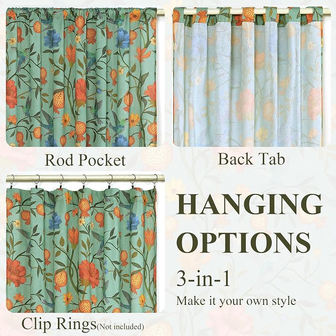 Green Boho Floral Linen Curtains Whimsical Semi Sheer Botanical Bird Block - Image 8