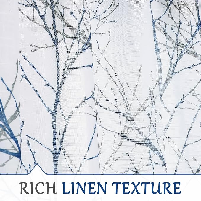 FMFUNCTEX Linen Blue White Semi Sheer Print Curtains 120 Inch Long 2 Panels | - Image 4