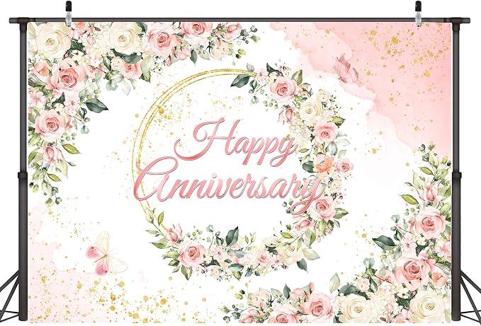 8x6 ft Floral Anniversary Backdrop Banner by Unknown