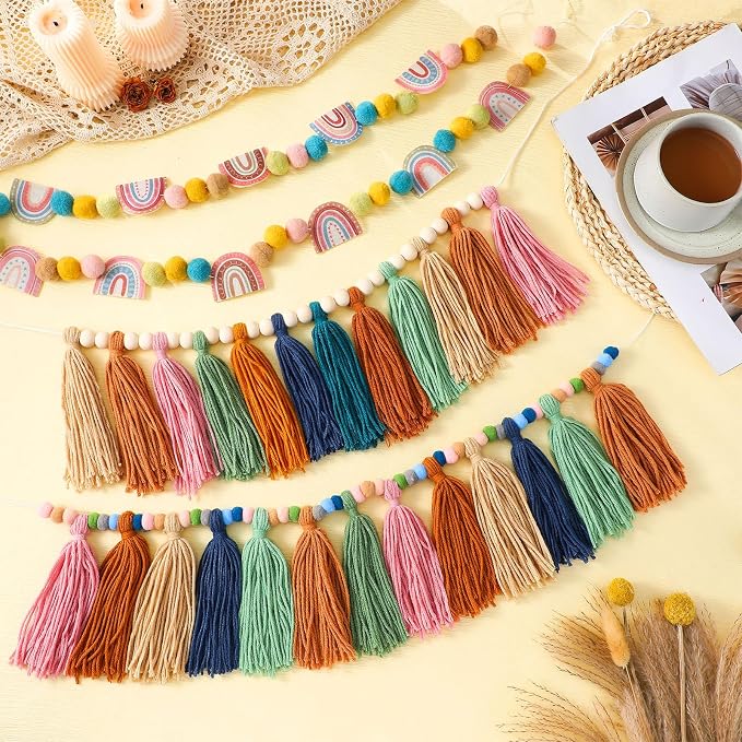 Janinka 4 Pcs Boho Tassel Garlands Rainbow Pom Pom Garland - Image 2