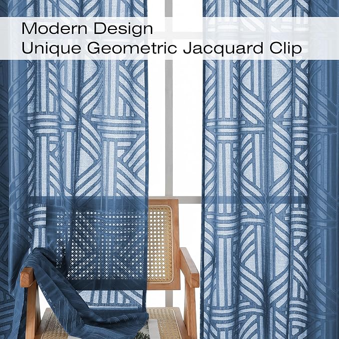 Simplebrand Semi Sheer Dusty Blue Curtains 36 Inch Length 2 Panels, Geometric - Image 4