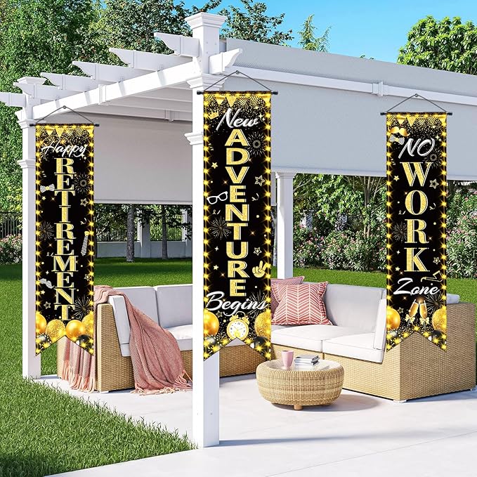 3Pcs Retirement Porch Sign Door Hanging Banner Black Gold Happy Retirement - Image 6