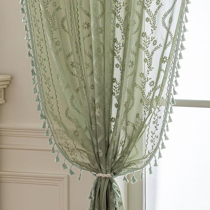 WAZZIO Boho Lace Curtains 2 Panels 63 Inch -Vintage Victorian Sheer Panel Drape by WAZZIO