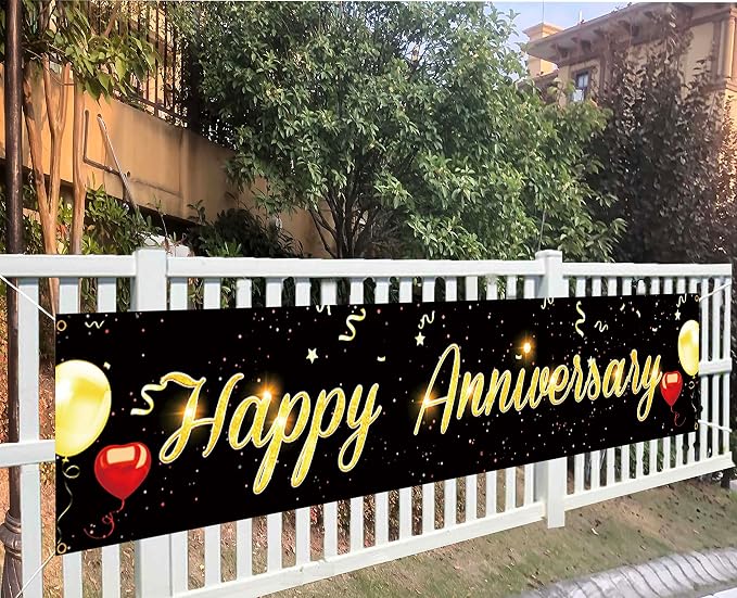 Happy Anniversary Large Banner Wedding Anniversary Banner Black Gold Outdoor - Image 2