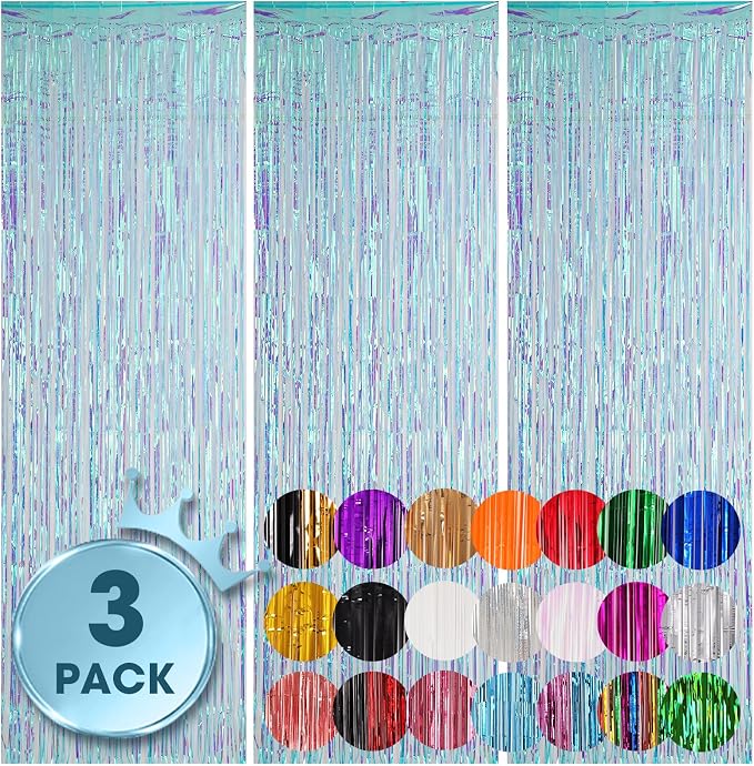 Voircoloria Iridescent Foil Fringe Backdrop Curtains, 3 Pack | Tinsel Streamers by Voircoloria