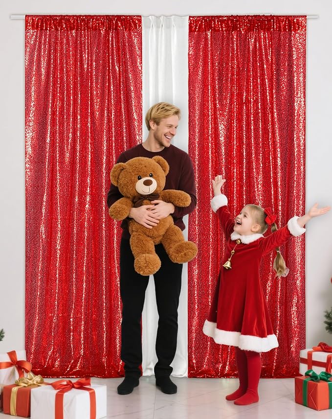 Eternal Beauty Red Sequin Backdrop Curtains, 2 Panels 2x8FT | 3mm Sparkle - Image 3