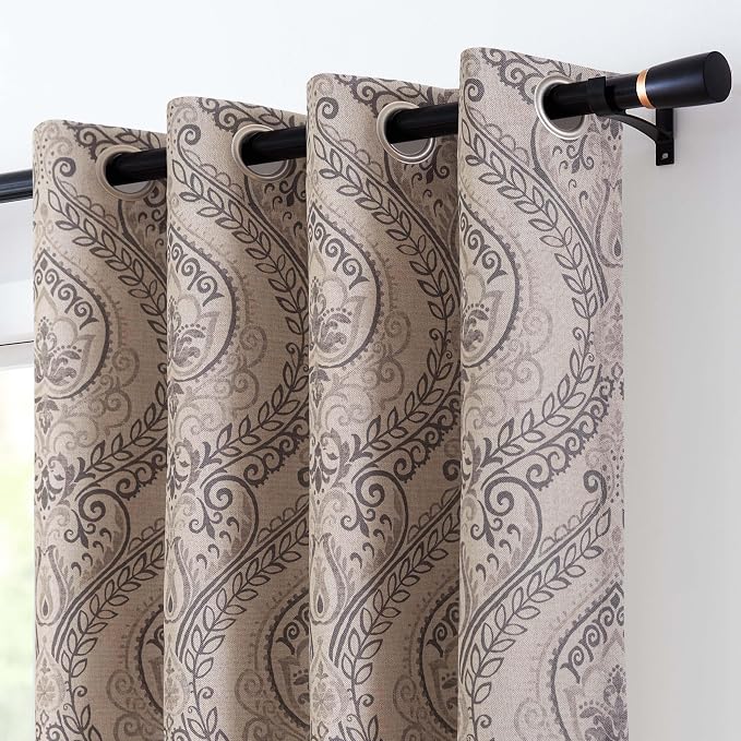 Grey Paisley Linen Textured Curtains 84 in Vintage Grommet 2 Panels | Room by Vangao