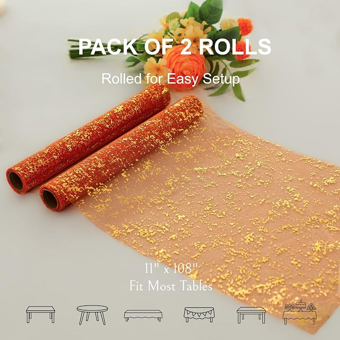 Snowkingdom 2Pcs Burnt Orange Gold Table Runner Fall Thanksgiving Decor | 11 x - Image 2