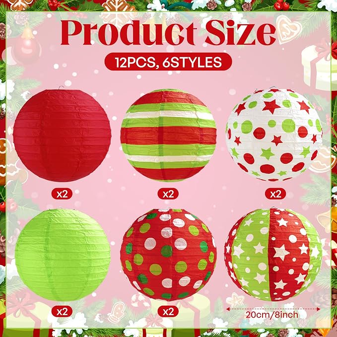 12 Pcs Red Green Christmas Hanging Paper Lanterns 8 Inch Christmas Party - Image 2