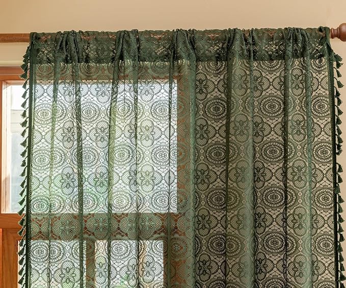 YJ YANJUN Boho Lace Curtains, Dark Green, 2 Panels | Vintage Floral Crochet - Image 3