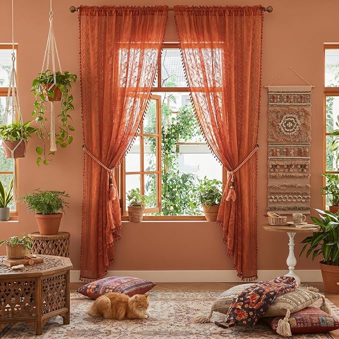 WAZZIO Boho Lace Curtains 72 Inch 2 Panels-Vintage Sheer Panel Drape Floral - Image 3
