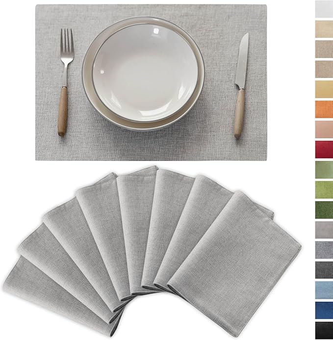 Demetex Placemats Set of 8 Grey Washable Fabric Place Mats Heat Resistant Linen by DEMETEX