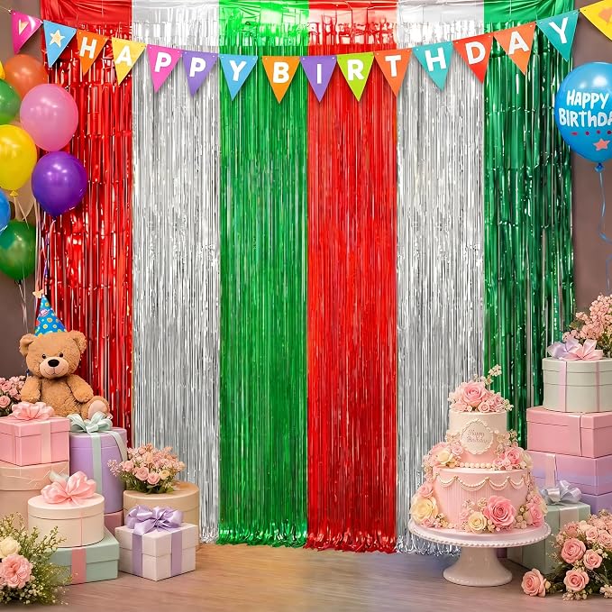 2 Pack Christmas Backdrop, Metallic Xmas Backdrop Fringe Curtains Foil Tinsel by GCBPartyDecorations