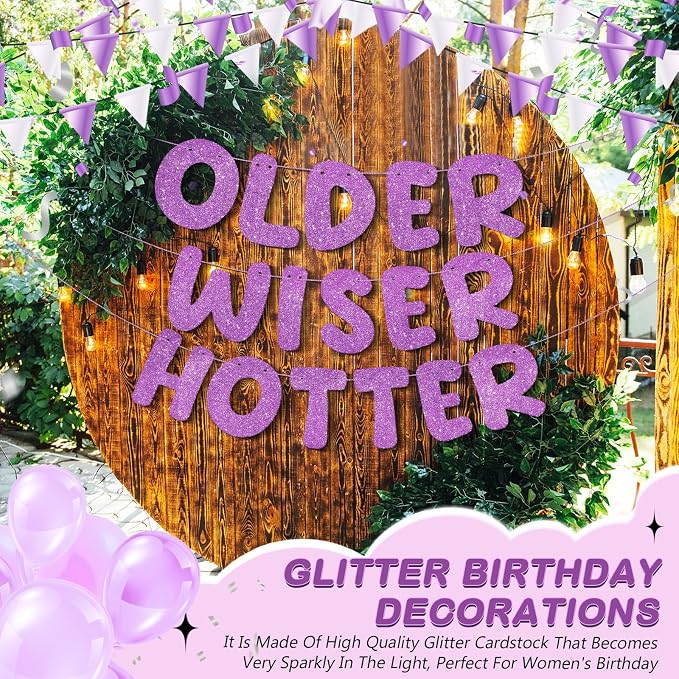 Fulmoon Set of 3 Pre Strung Older Wiser Hotter Glitter Banner Funny Birthday - Image 4