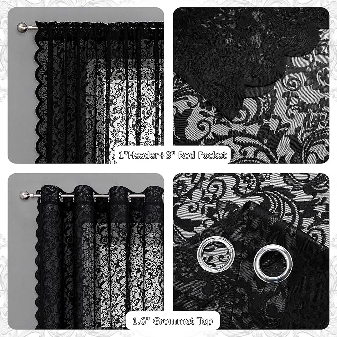 Bujasso Black Sheer Lace Curtains 63 inch Luxury Vintage Floral Sheer Window - Image 6