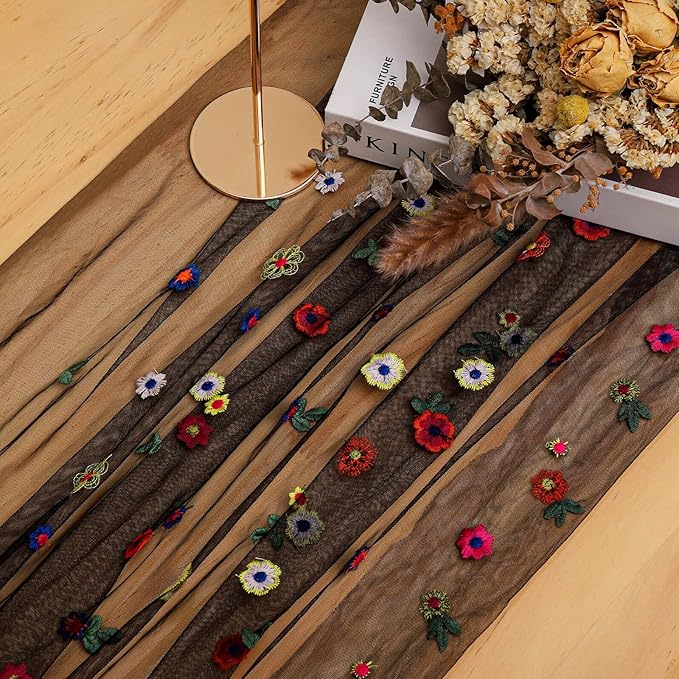 BINBE 1pcs Black Daisy Fall Table Runner Embroidery Gauze 10FT Florals Seasonal Tulle Holiday Birthday Kitchen Dining Table Decor for Home Party