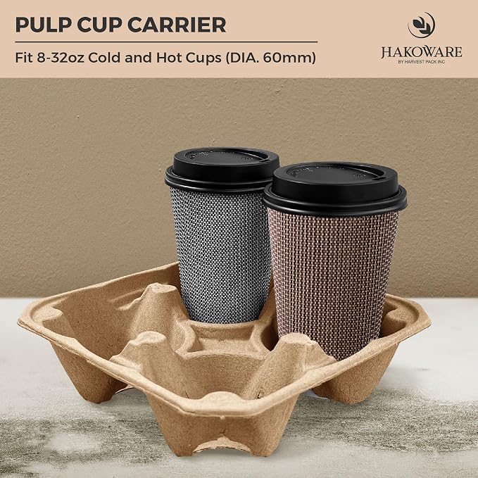 HAKOWARE 8-32oz 4 Cup Disposable Drink Carrier Trays, Compostable Pulp Fiber - Image 8
