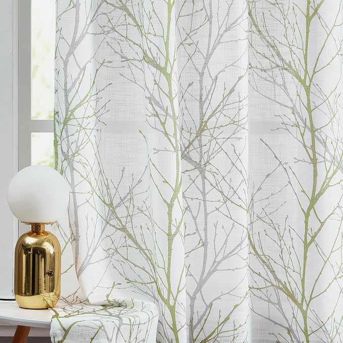 FMFUNCTEX Linen Green White Semi Sheer Patio Curtains 84 Inch Long 1 Panel | - Image 5