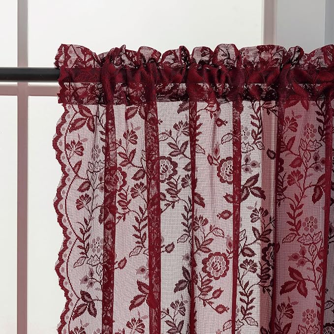 Short Burgundy Lace Curtains Rustic Leaf Floral W42 x L45 Inch 2 Panels | Rod - Image 3