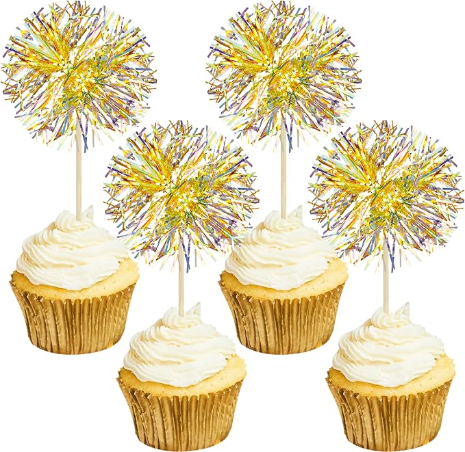 Gyufise 30Pcs Foil Firework Cupcake Toppers Sparkle Tinsel Cake Toppers Tinsel by Gyufise