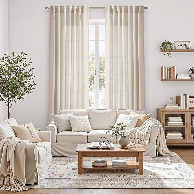 Warm Beige Linen Curtains 63 Inches Long 2 Panel Sets - Image 4