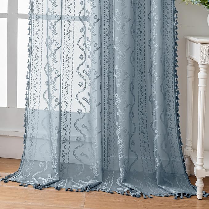 WAZZIO Boho Lace Curtains 2 Panels 84 Inch -Victorian Sheer Panel Drape French by WAZZIO