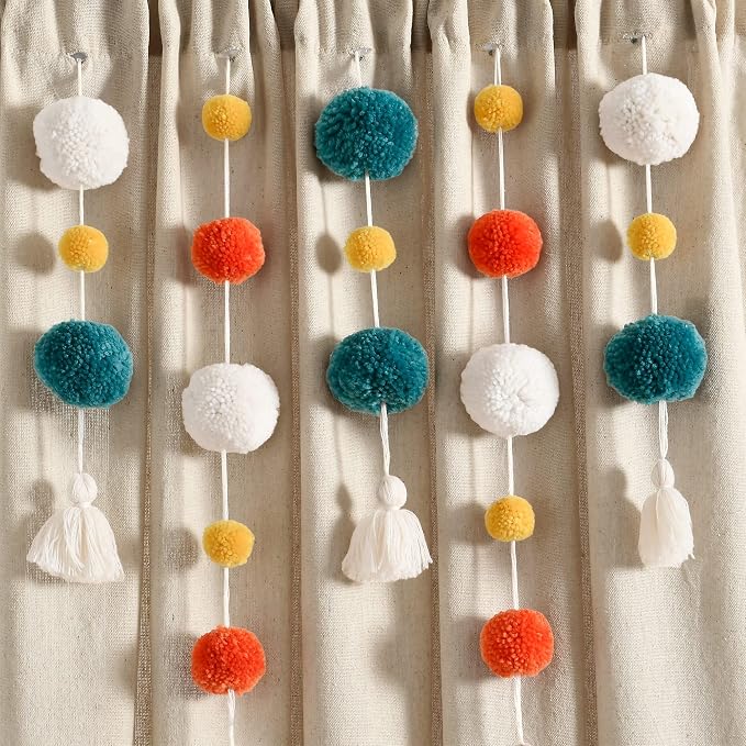 Lush Decor Boho Pom Pom Tassel Linen Textured Window Curtain Panel, Single 52" - Image 3