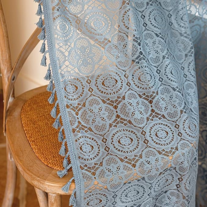 YJ YANJUN Boho Lace Curtains, 59x63 inch, Dusty Blue Sheer Window Panels | Soft by YJYANJUN
