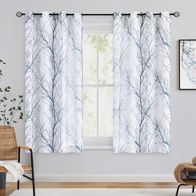 FMFUNCTEX Linen Blue White Semi Sheer Print Curtains 54 Inch Long 2 Panels | - Image 2