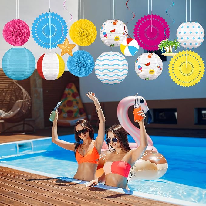 Renbuzhu 15Pcs Beach Party Decorations Paper Lanterns Fans Pom Poms Hanging - Image 5