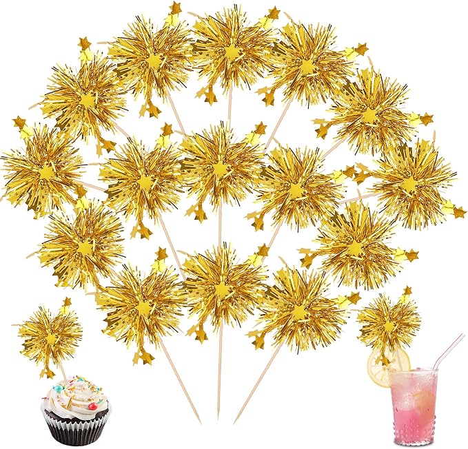 30 PCS Foil Firework Cupcake Toppers Star Cupcake Picks Sparkle Tinsel Flower by ZHUOWEISM