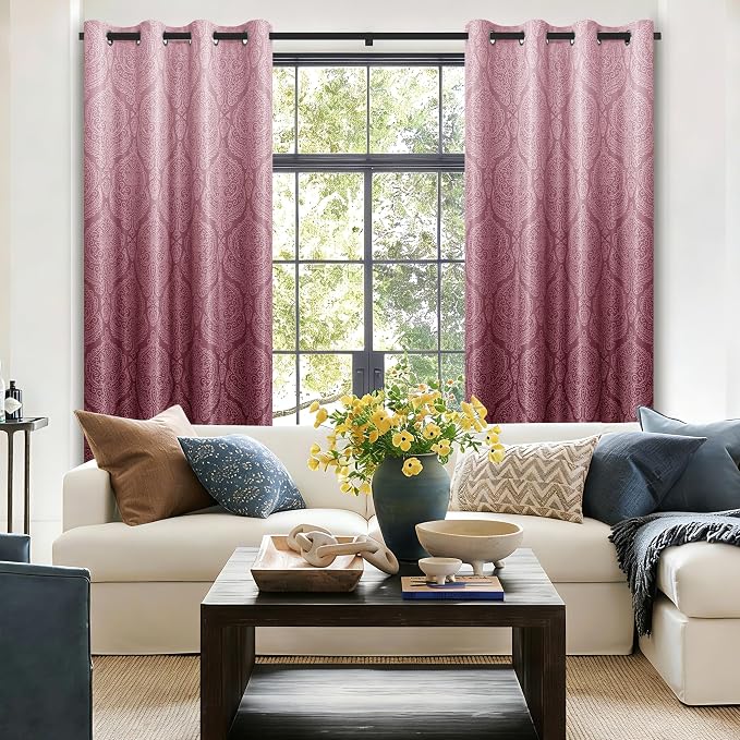 DWCN 100% Blackout Curtains for Bedroom 84 Inch Long-Damask Patterned Ombre - Image 3