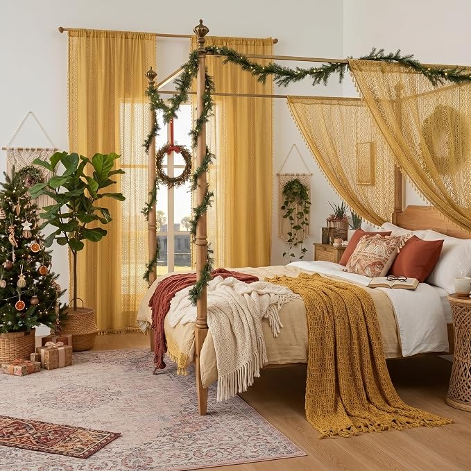 WAZZIO Boho Lace Curtains 84 Inches 2 Panel, Light Filtering Privacy Tassel & - Image 6