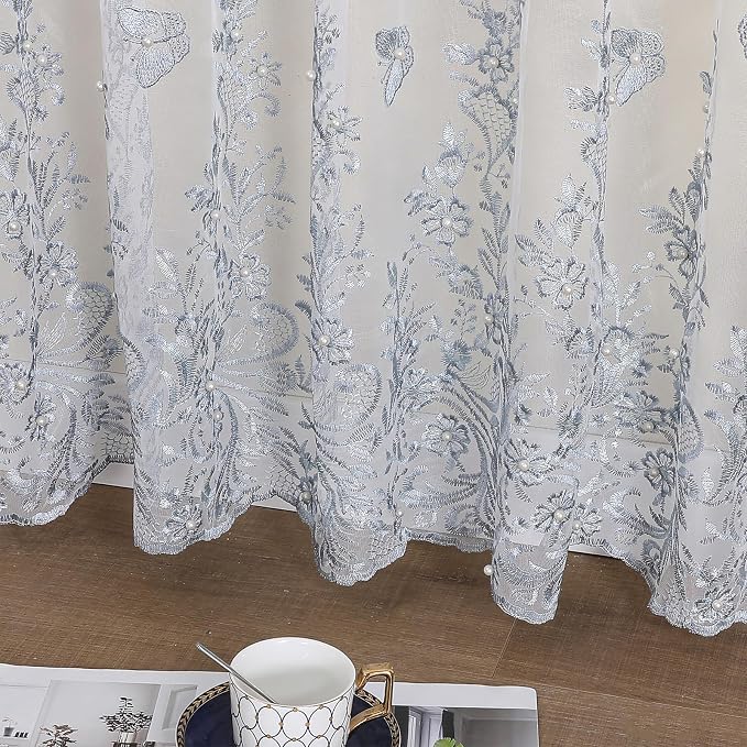White Sheer Voile Curtains Blue Embossed Butterflies 54Wx96L Inch | Light - Image 4