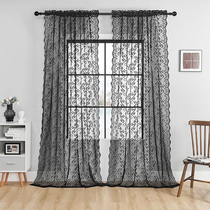 Black Lace Curtains 90 Inches Long 2 Panels Vintage Floral Sheer Curtains by FOLKSIDEHomeDecoration