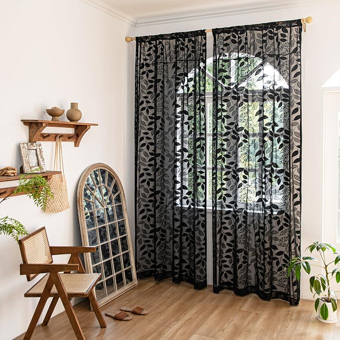 Treatmentex Black Lace Curtains 63inch Light Filtering Leaf Sheer Window - Image 2