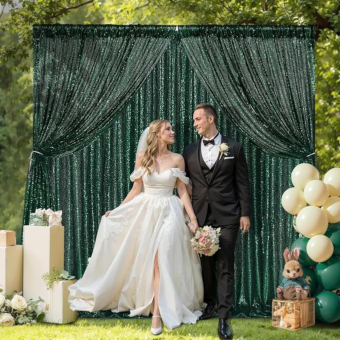 Emerald Green Sequin Backdrop Curtains Party Glitter Drapes 2 Pcs 2FTx8FT | - Image 6