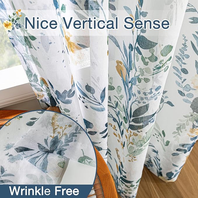 MYSKY HOME Yellow and Blue Floral Sheer Kitchen Curtains 45 Inch Length | Light - Image 5