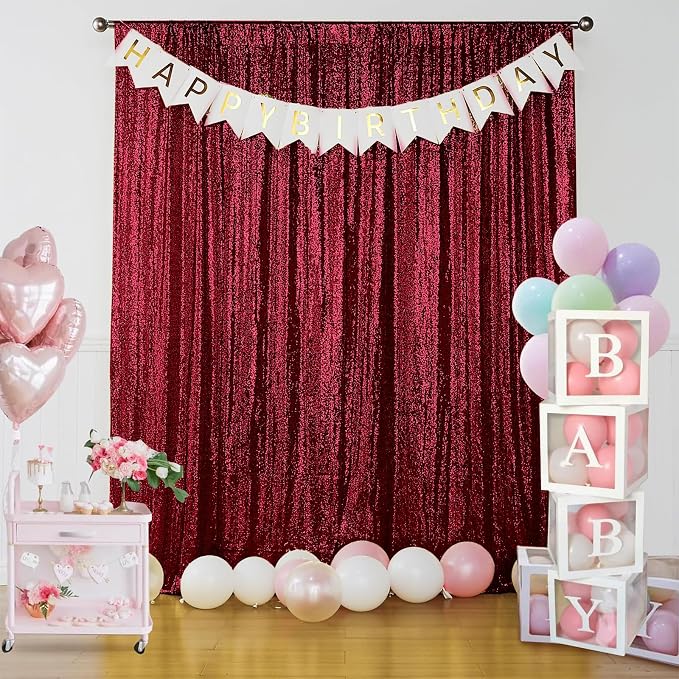 Sugargirl Burgundy Sequin Backdrop Curtain 3 Panels 2FTx8FT Glitter Burgundy - Image 2