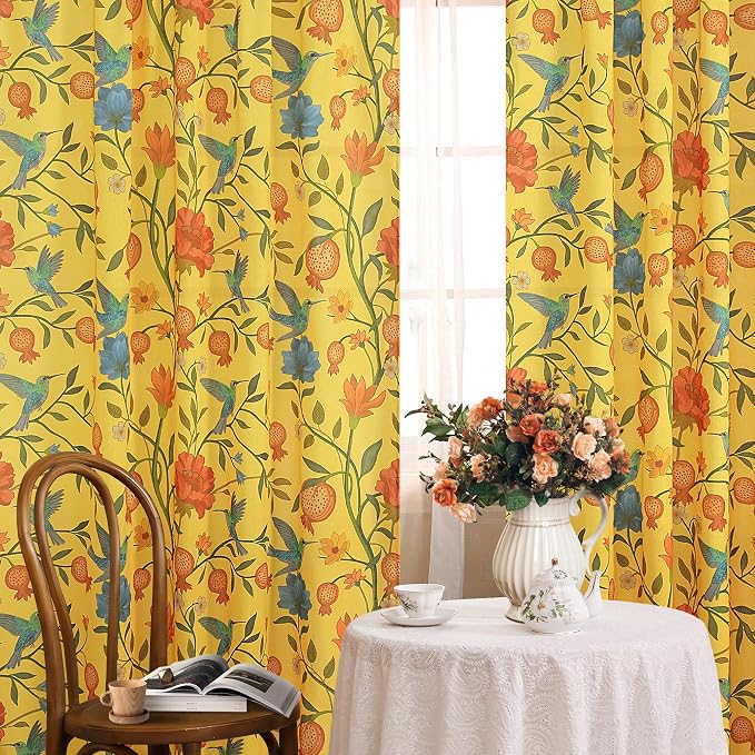Mustard Yellow Floral Linen Curtains, Boho Whimsical Bird Print Curtains by JOOJA