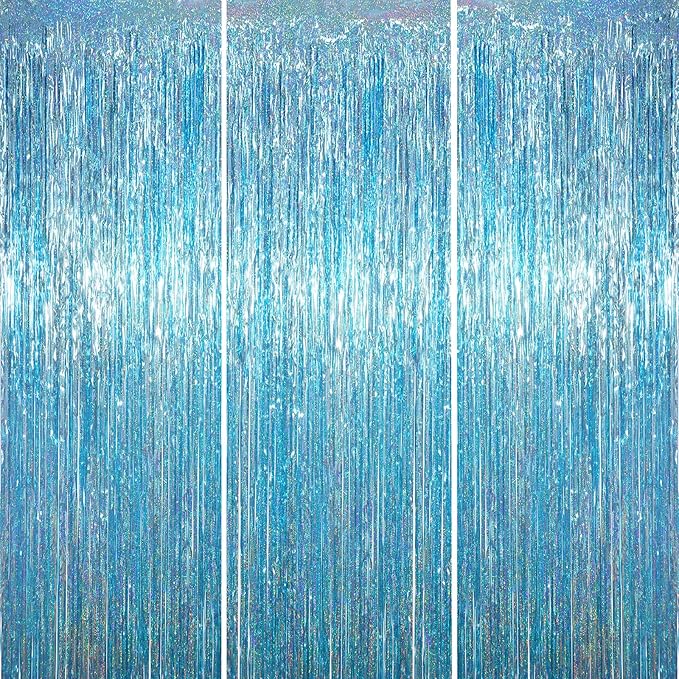 Voircoloria Light Blue Foil Fringe Backdrop Curtains, Birthday Party Decorations by Voircoloria