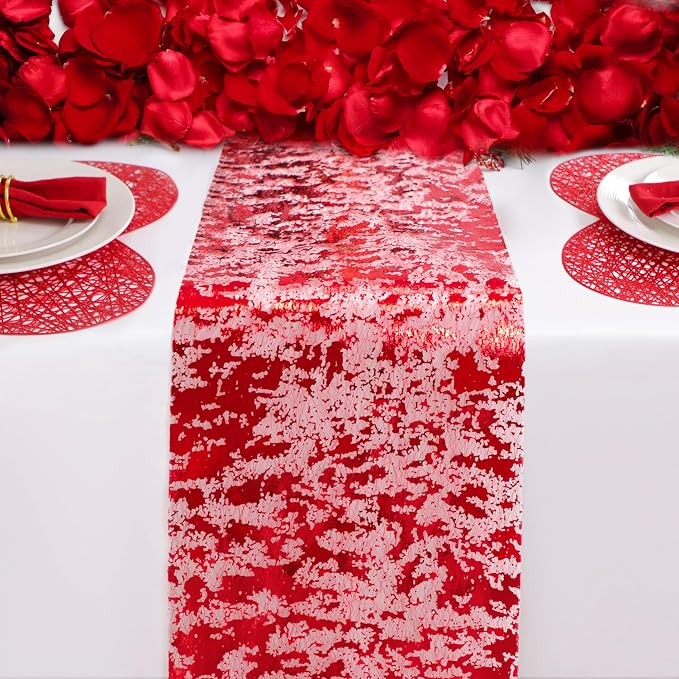 Snowkingdom Red Sparkly Table Runner Glitter Sequin Glitter Metallic Foil Mesh - Image 2