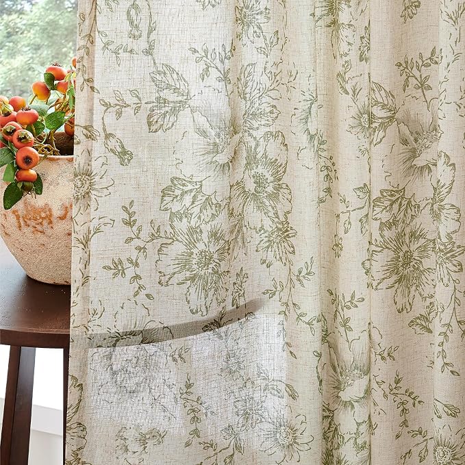 jinchan Green Floral Linen Curtains 96 Inch Farmhouse Back Tab 2 Panels | Light - Image 8