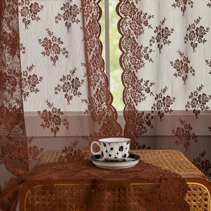 Kotile Warm Brown Lace Curtains Rustic Floral 42 x 72 Inch, 2 Panels | Rod - Image 4