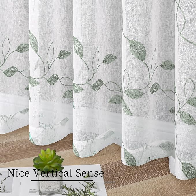 Tollpiz Sage Green Leaf Sheer Curtain Bedroom 38 x 63 Inches | Leaves - Image 4
