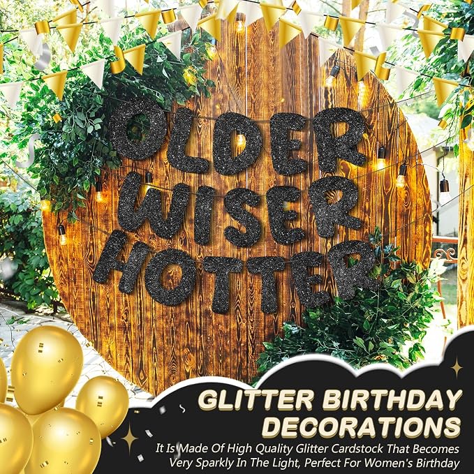 Fulmoon Set of 3 Pre Strung Older Wiser Hotter Glitter Banner Funny Birthday - Image 4