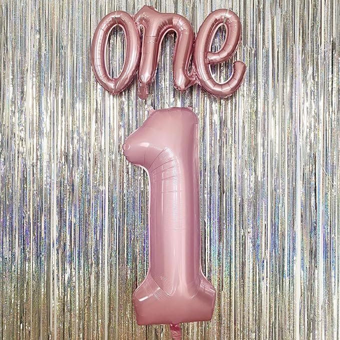 2Pcs Pearl Pink Foil 40" Number 1 and 26" Script Letter One Balloon Set | Large - Image 5
